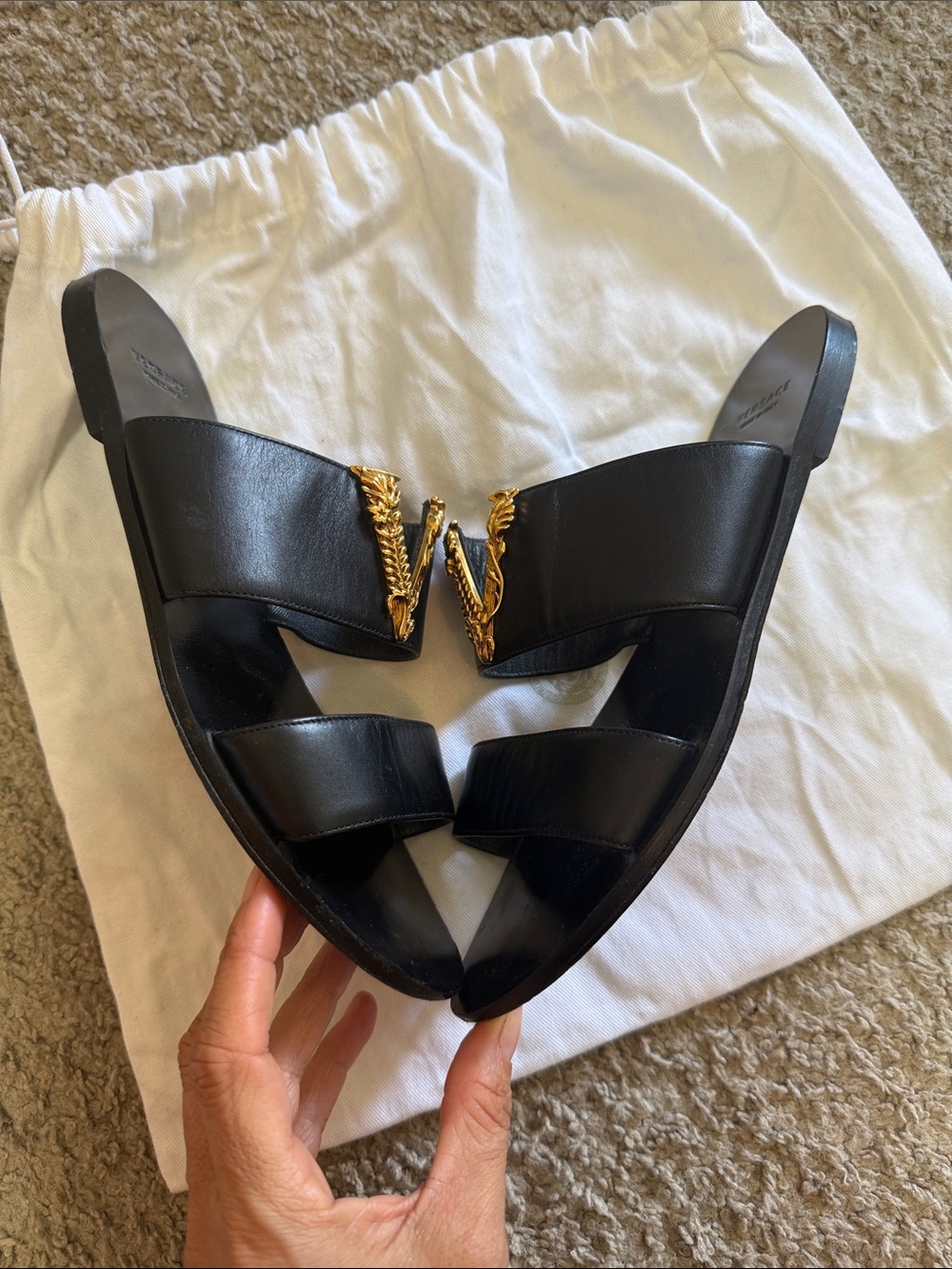 VERSACE BLACK VIRTUS FLAT SANDALS size 7 - Picture 13 of 14
